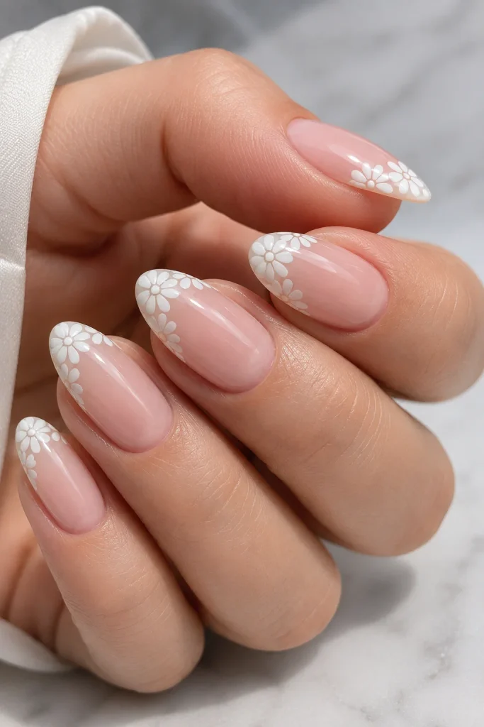 Classic white daisy French tips with sheer pink