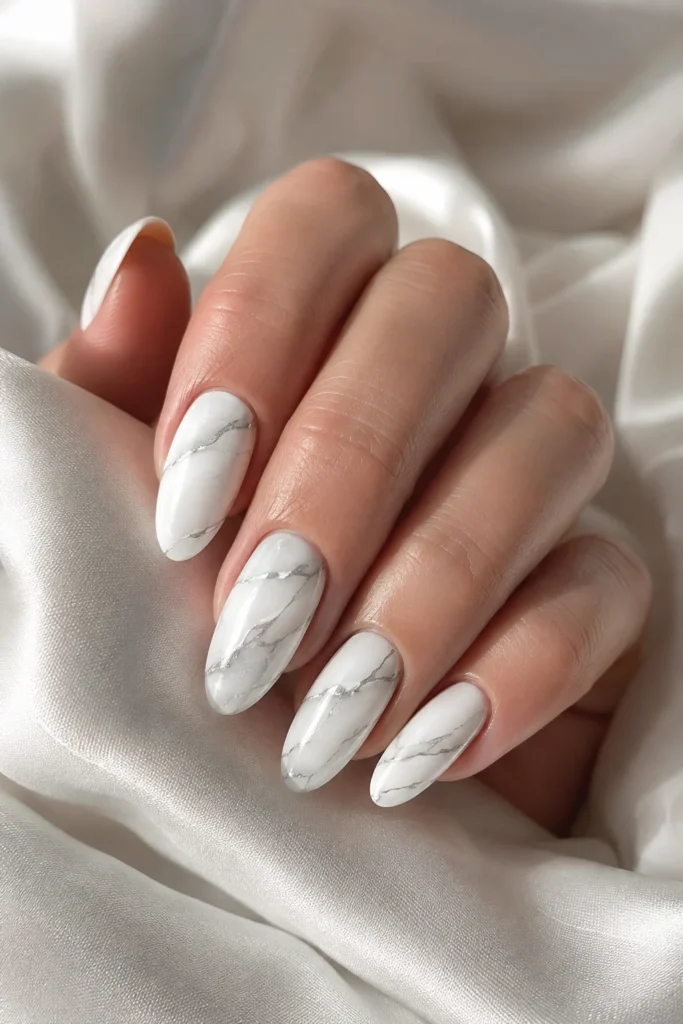 Classic white marble nails with silver veins