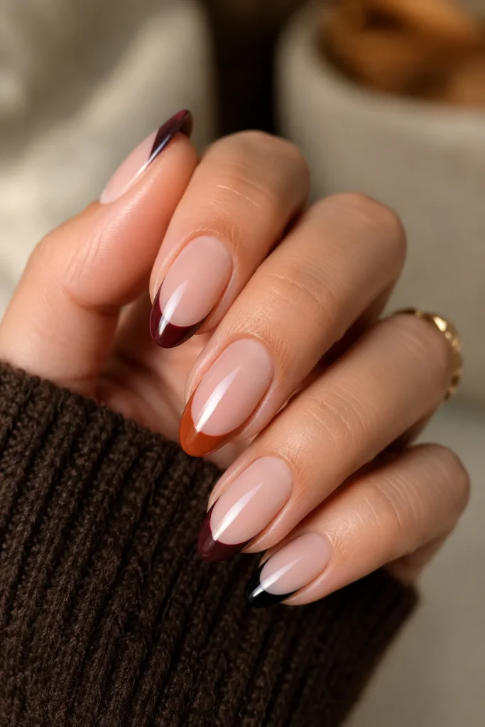 Almond nails with burgundy, orange, and black French tips instead of white