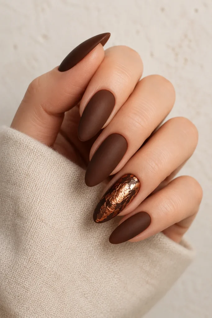 Copper foil accent almond nails with matte brown polish