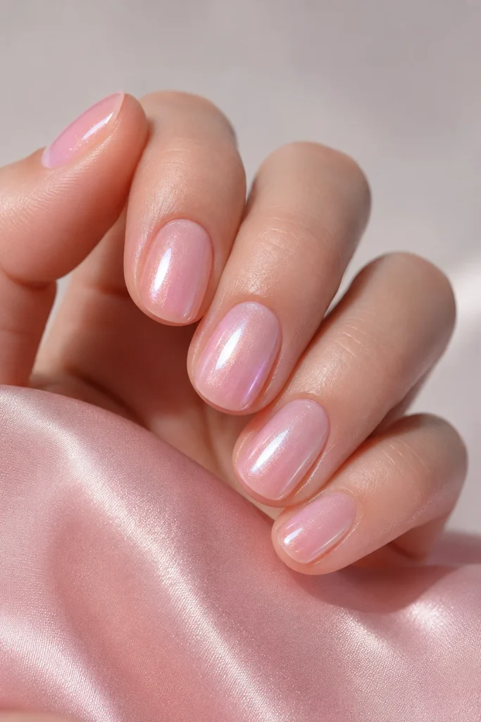 Cotton candy pink glazed nails with silver shimmer