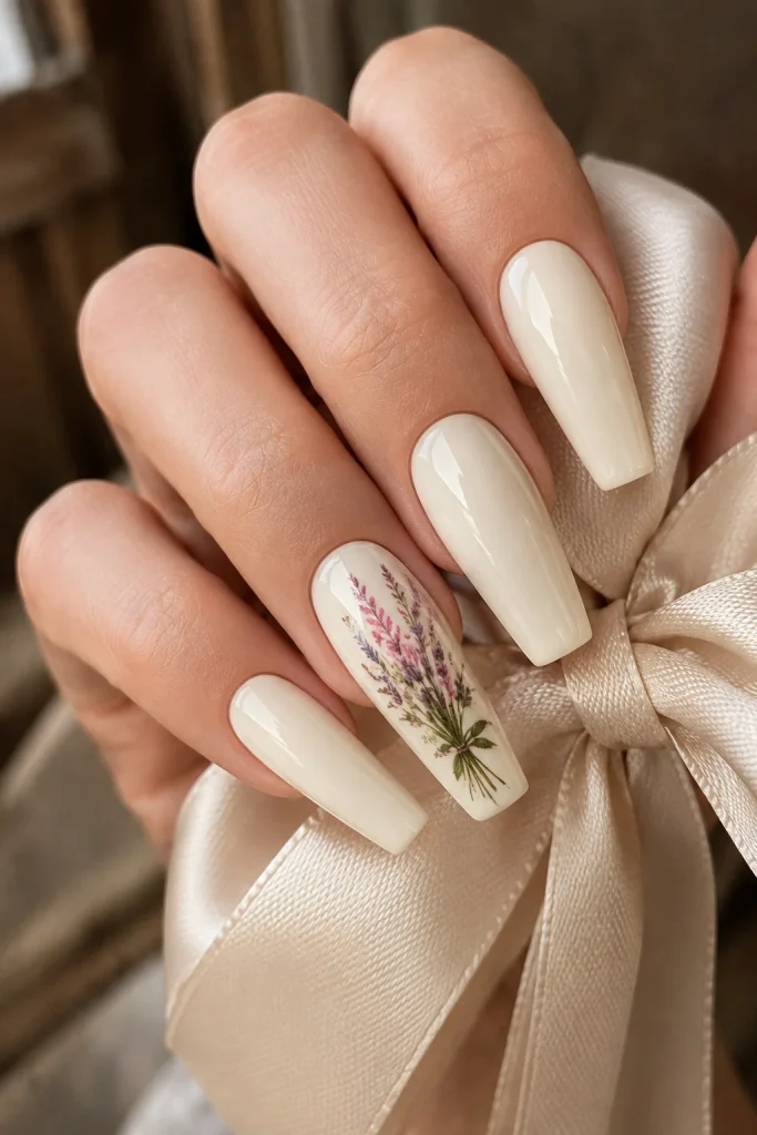 Cream bridal nails with hand painted wildflower bouquet
