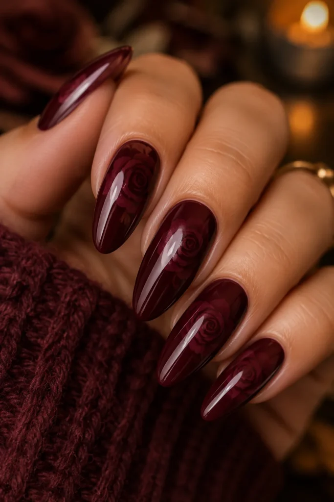 Almond-shaped burgundy nails with tonal rose shading for fall