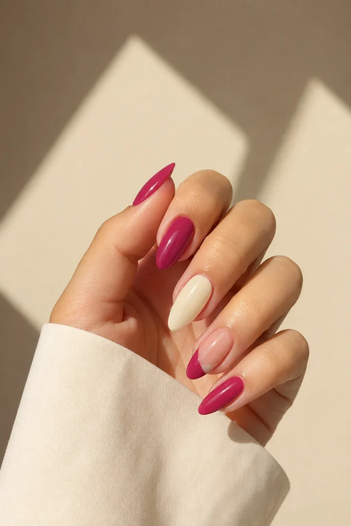 Dark pink and cream two-tone fall nail design
