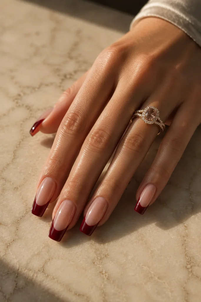 Dark red French tip coffin nails with a nude base