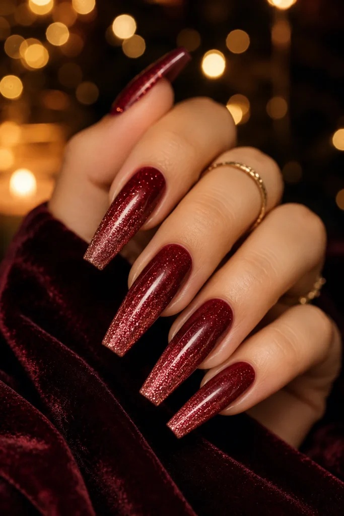 Dark red coffin nails with sparkling glitter tips