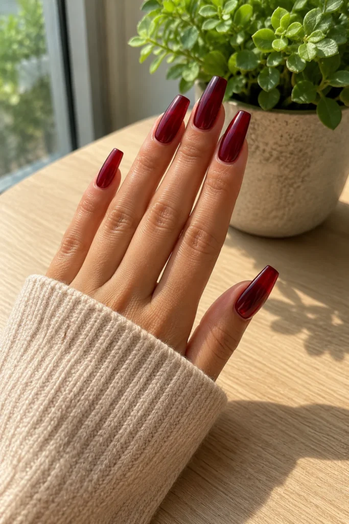 Dark red jelly coffin nails with a translucent glossy finish