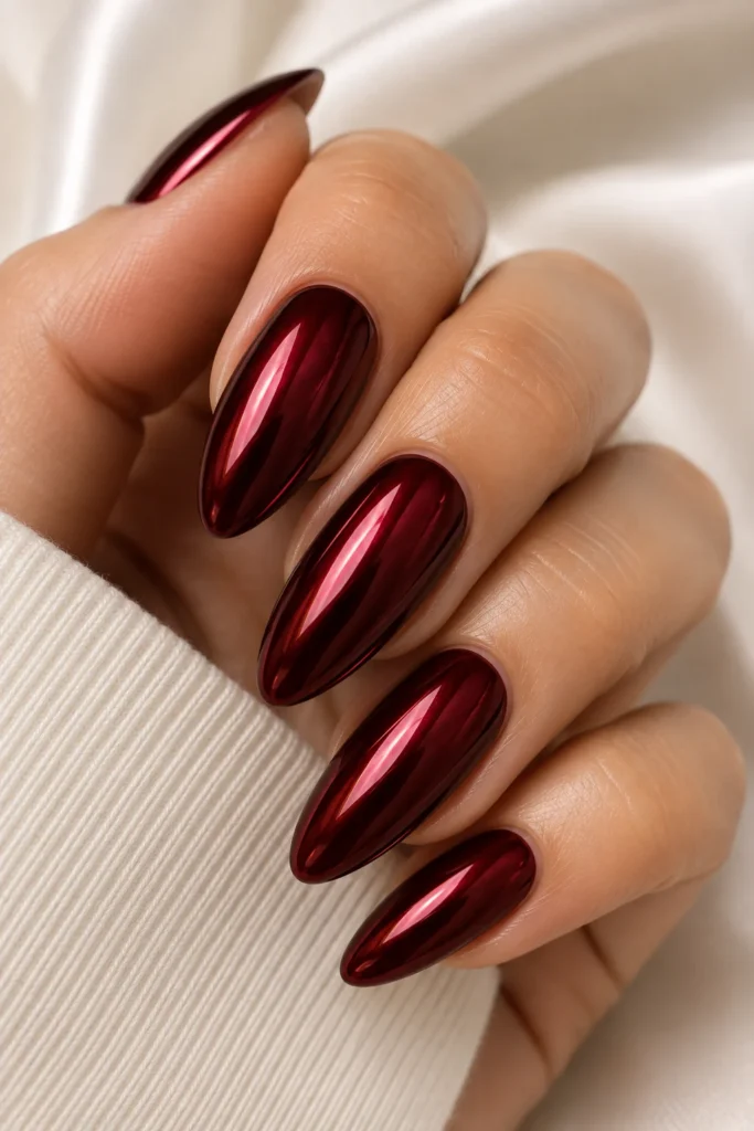 Deep burgundy chrome almond nails with a glossy finish