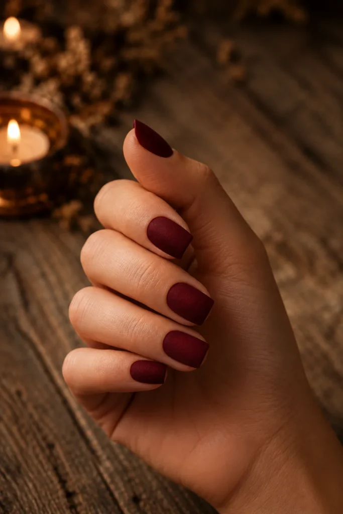 Deep burgundy velvet matte wedding nails on short square nails