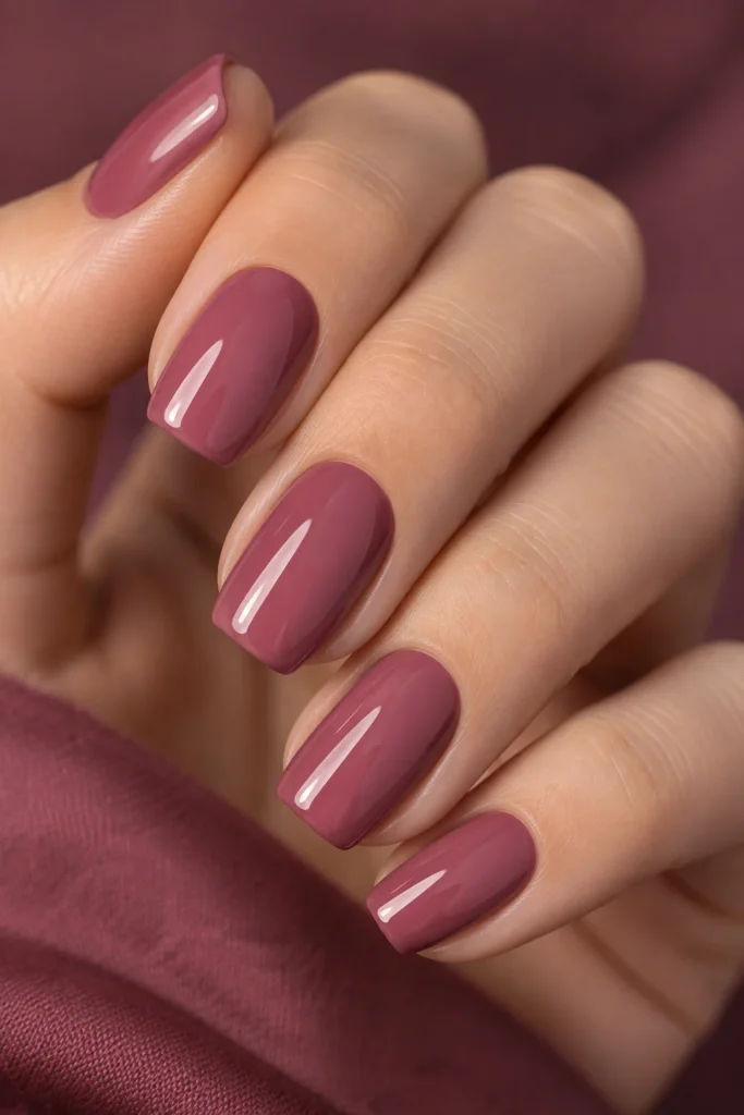 Deep mauve pink squoval nails with a glossy finish