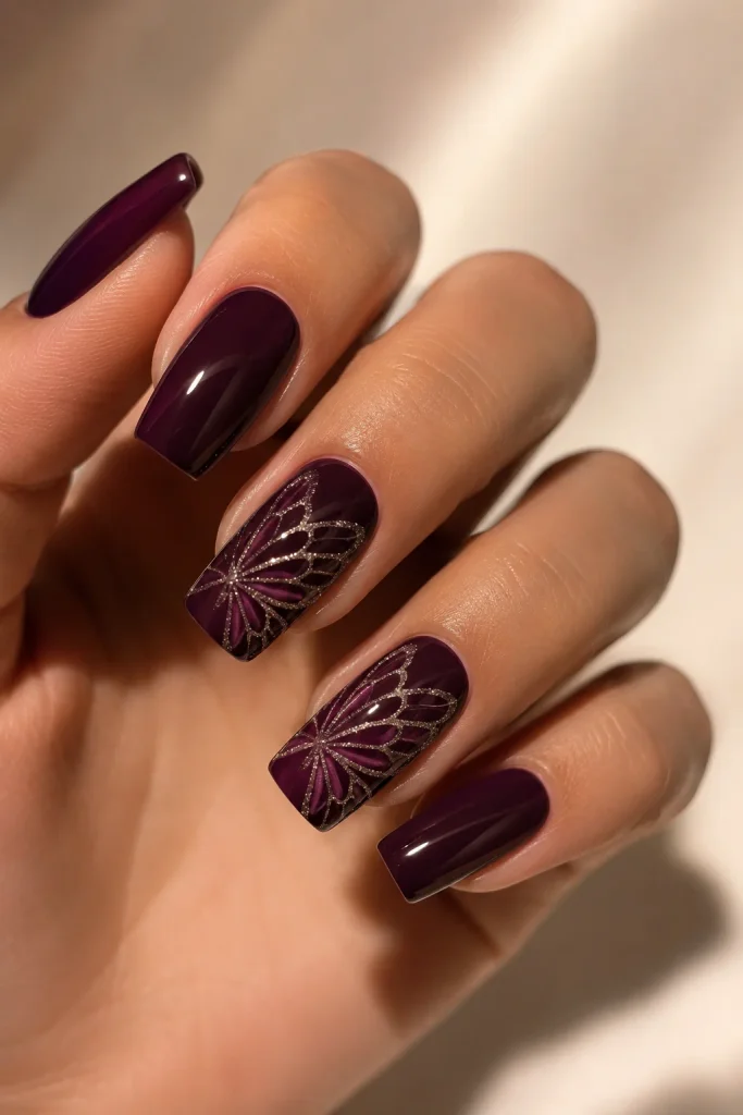 Deep plum nails with glitter butterfly outlines