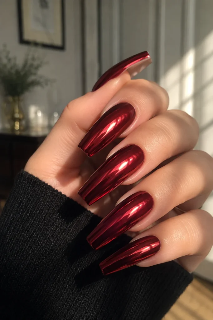 Deep red chrome coffin nails featuring a reflective metallic finish
