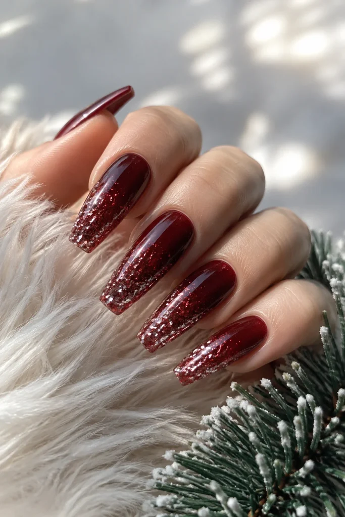 Deep red glitter ombre nails for winter