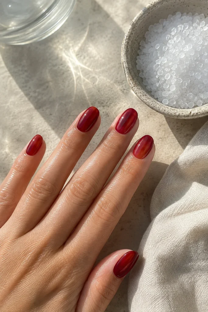 Deep red jelly wedding nails with glossy translucent finish