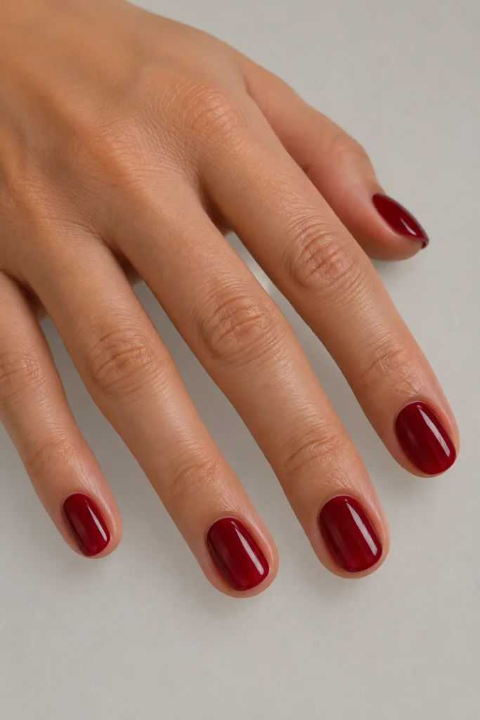 Deep red jelly nails with glossy translucent finish