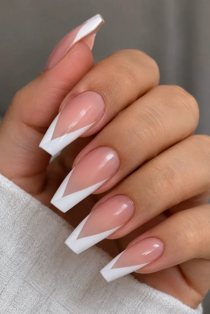 Coffin nails with stylish diagonal white French tips