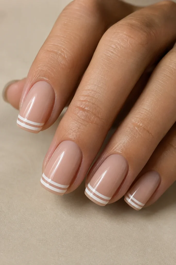 Square nails with double white line French tip nail design