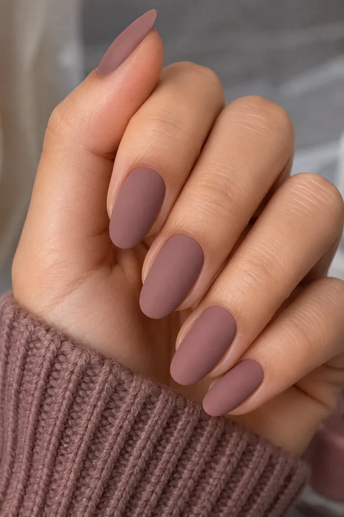 Oval nails painted in soft dusty mauve matte polish