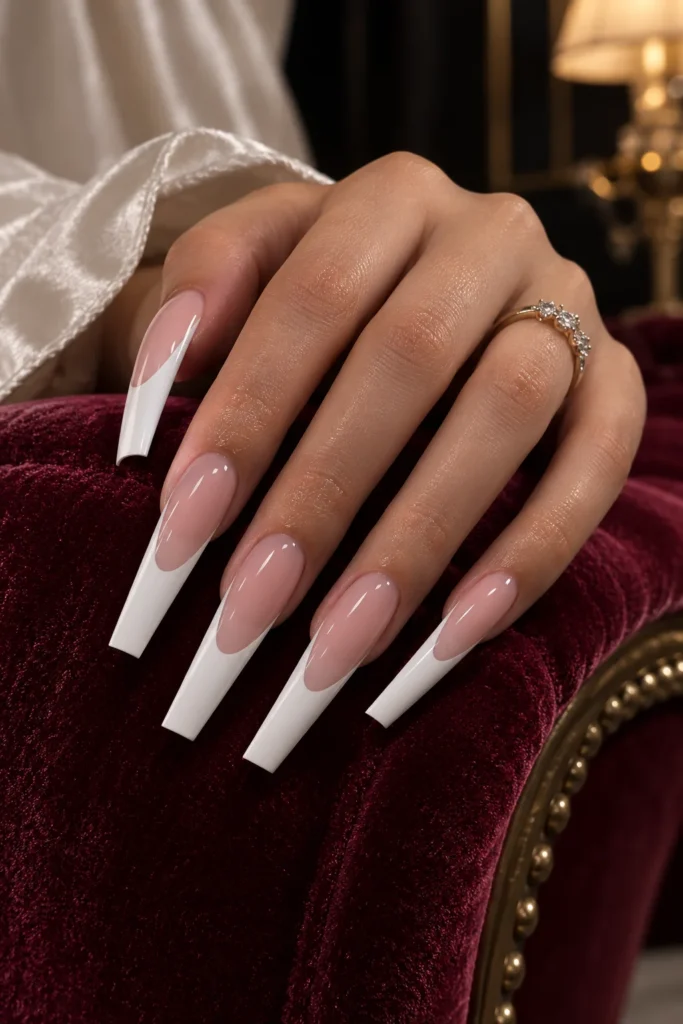Extra-long coffin nails with bold white French tips
