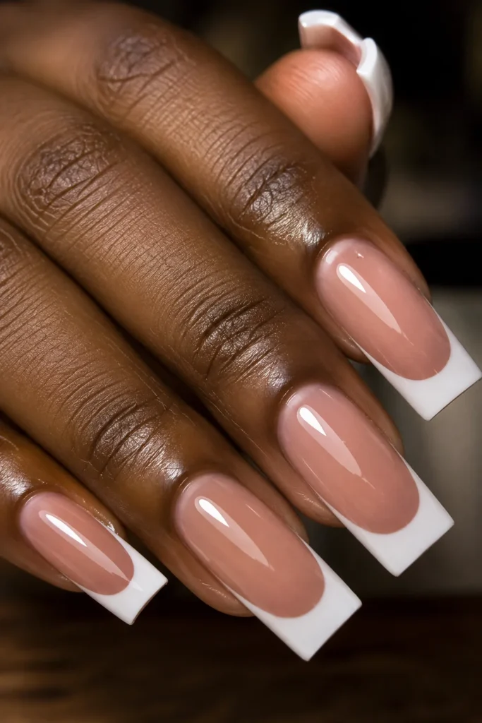 Extra-long square acrylic nails with a bold classic white French tip