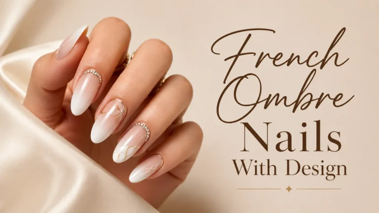 Elegant almond-shaped French ombre nails with delicate floral art, rhinestones, gold accents, and marble details against a warm beige background.