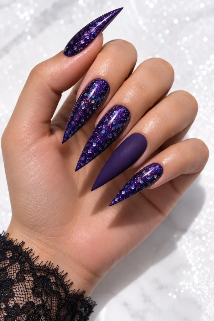 Galaxy-inspired purple glitter nails with silver flecks