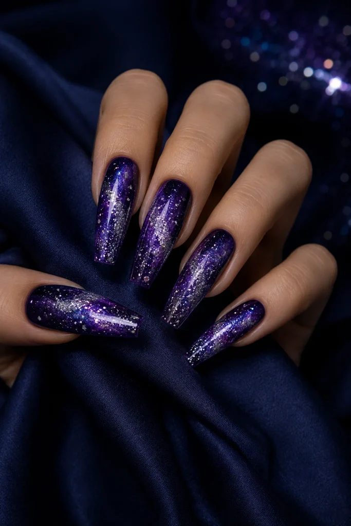 Galaxy-inspired purple nails with silver stars