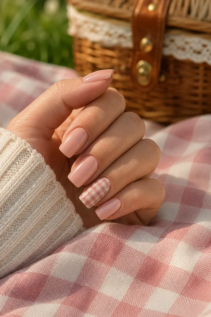 Gingham ribbon coquette nail art with pastel details