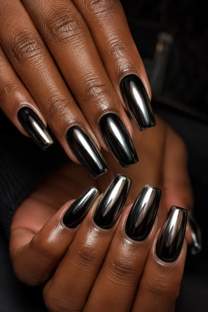 Coffin nails with glazed black chrome, mirror-like reflective finish.