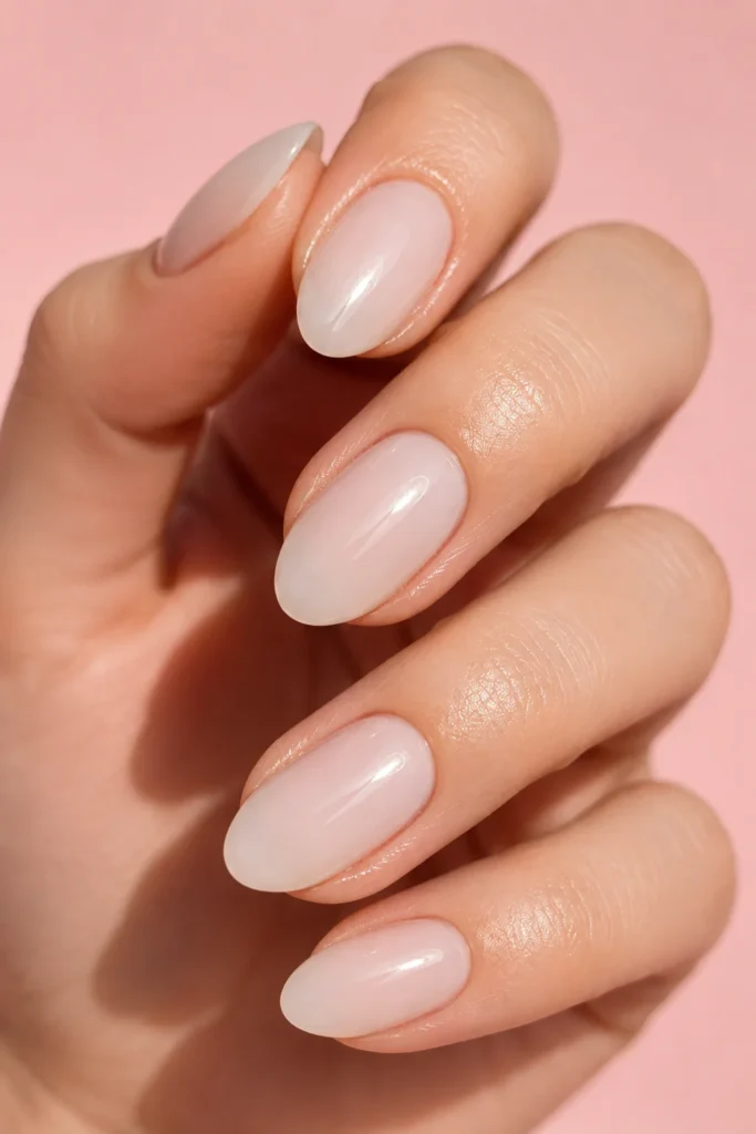 Glossy glazed donut milky white almond nails with a reflective shine