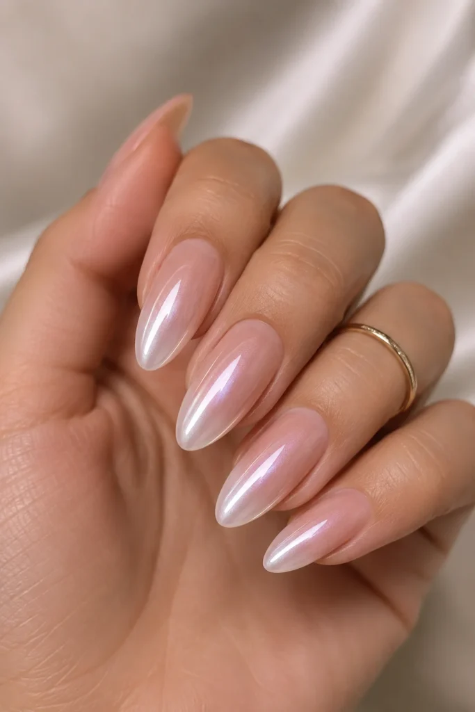 Glazed donut ombre almond nails with pearly iridescent chrome shine