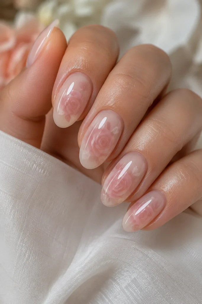 Glossy milky nails with faint pink rose outlines showing through