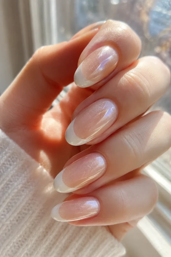 Glazed donut white French tip nails with a pearly shimmer