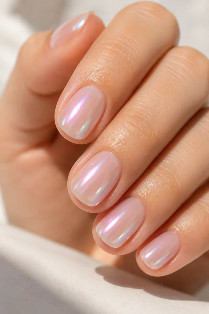 Glazed pink nails with a glossy bridal finish
