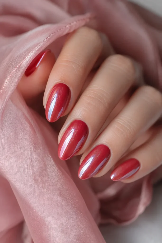Glazed red donut nails with pearly glossy finish