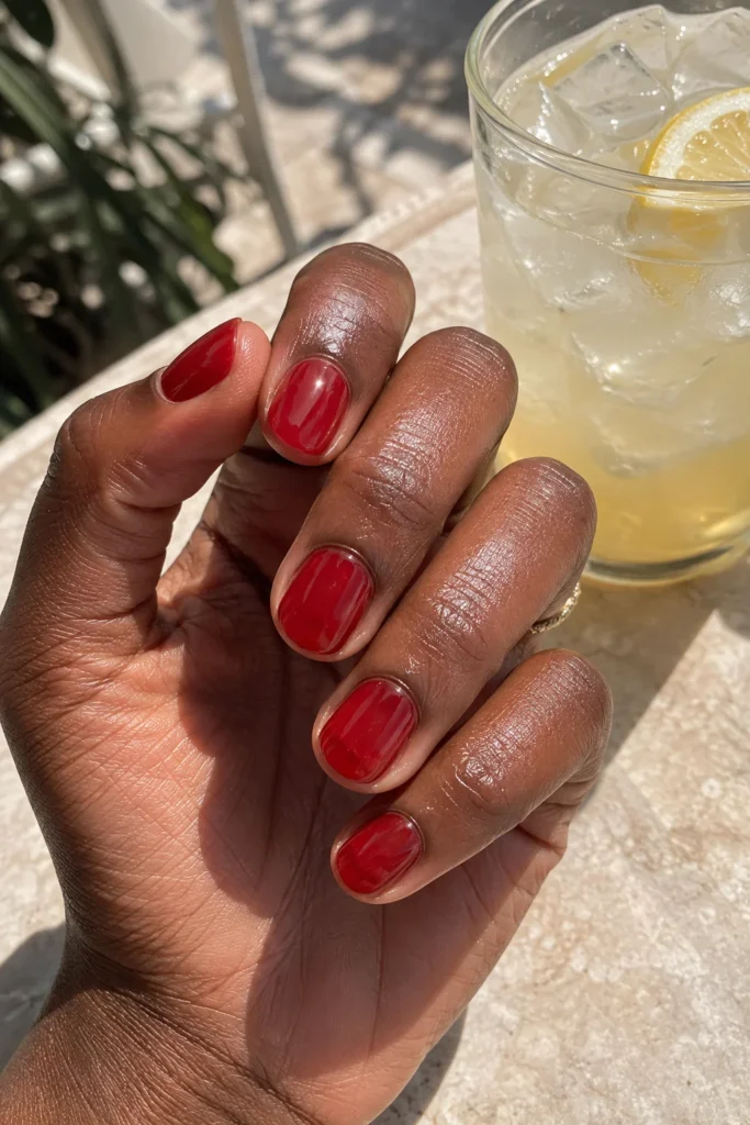 Glazed red jelly nails with sheer glossy finish