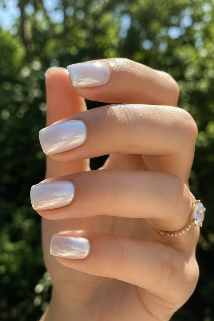 Glazed white chrome nails with soft luminous finish