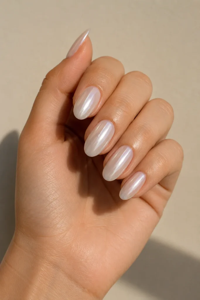 Glazed white chrome oval nails with glossy finish