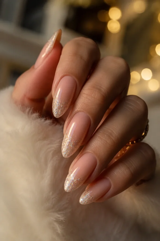 Almond nails with glitter-dipped white French tips