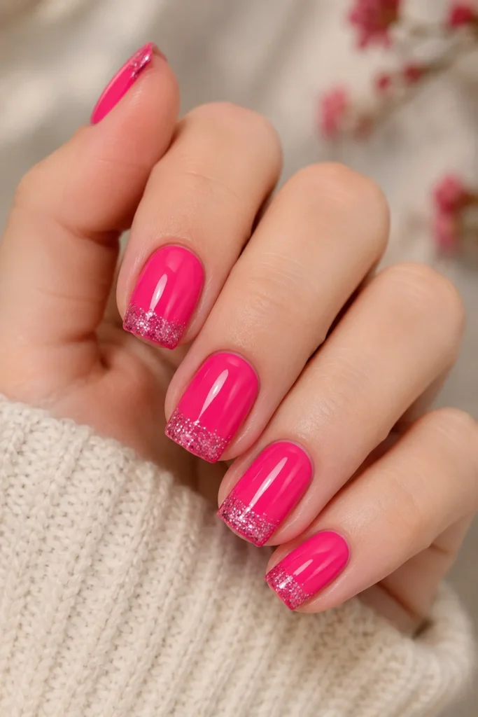 Hot pink square nails with silver glitter tips design