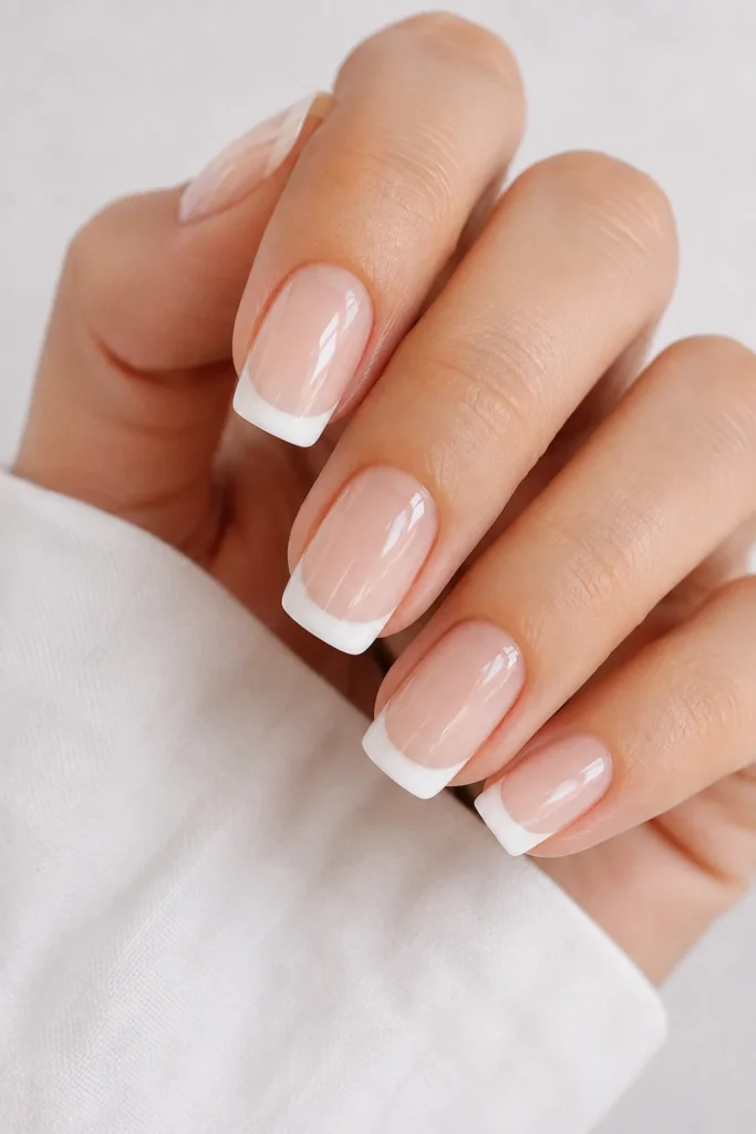 Glossy squoval nails featuring crisp white French tips
