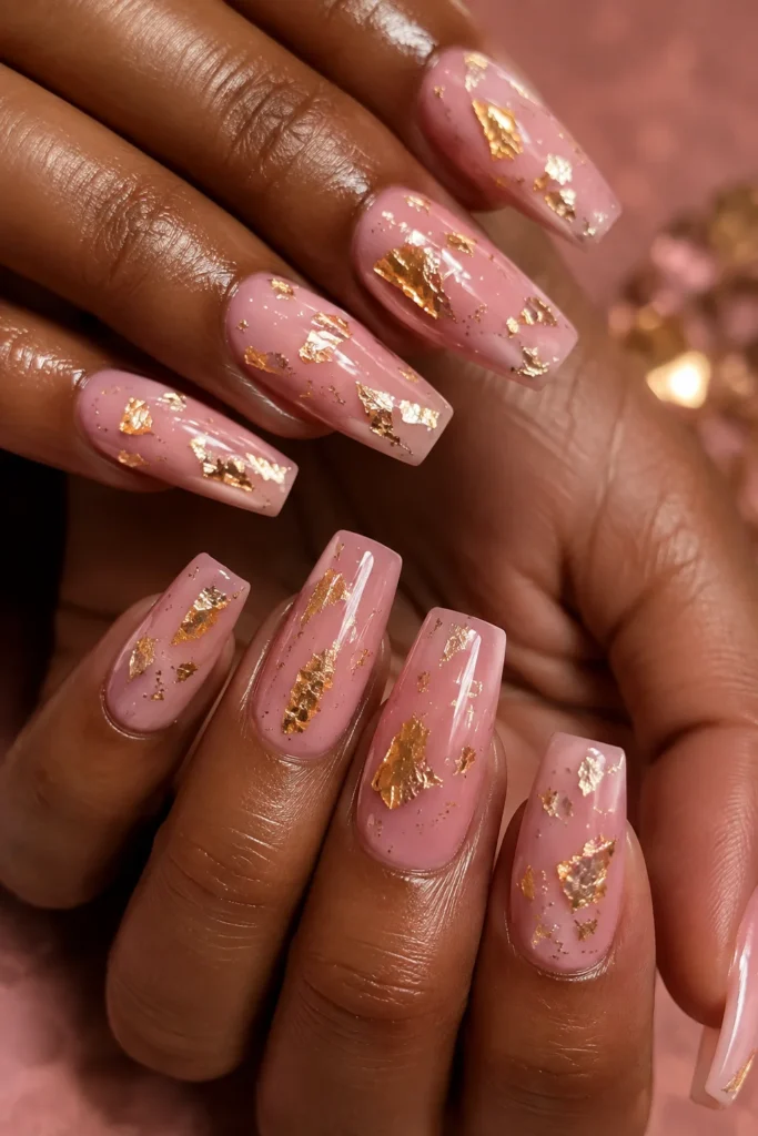 Gold foil pink nails on square shaped nails with metallic foil accents