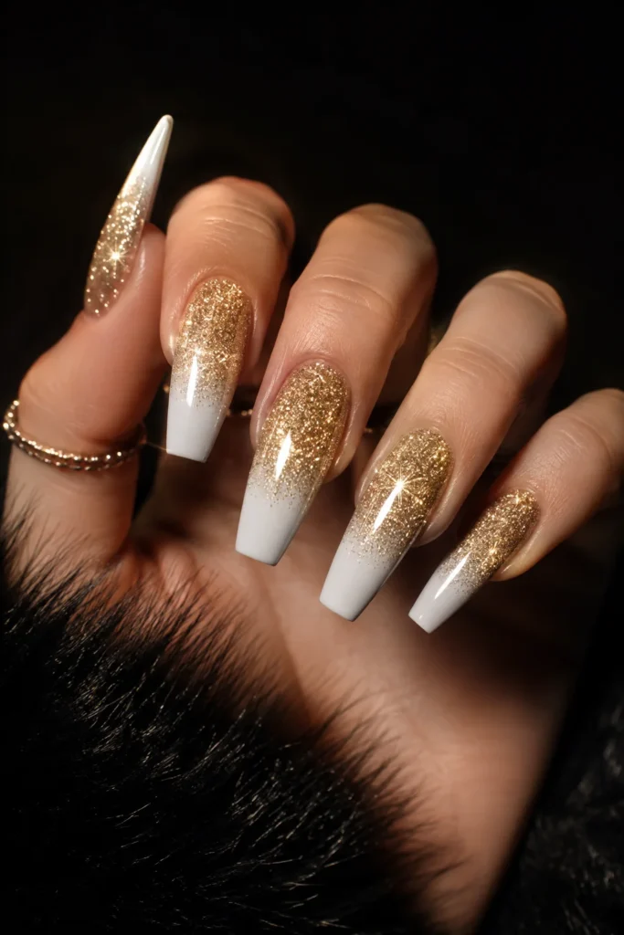 Gold glitter ombre nails fading into white tips