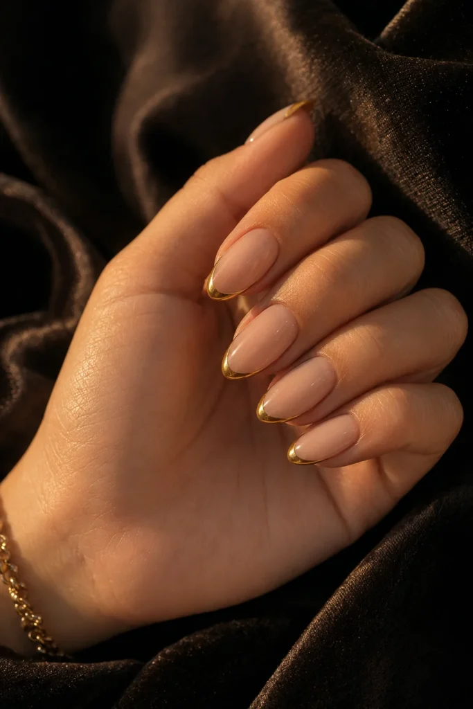 Nude almond nails with delicate golden shimmer tips