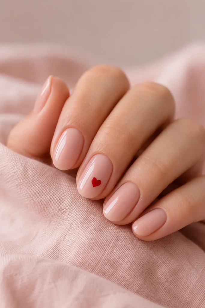 Nude nails with a single red heart accent for Valentine's Day