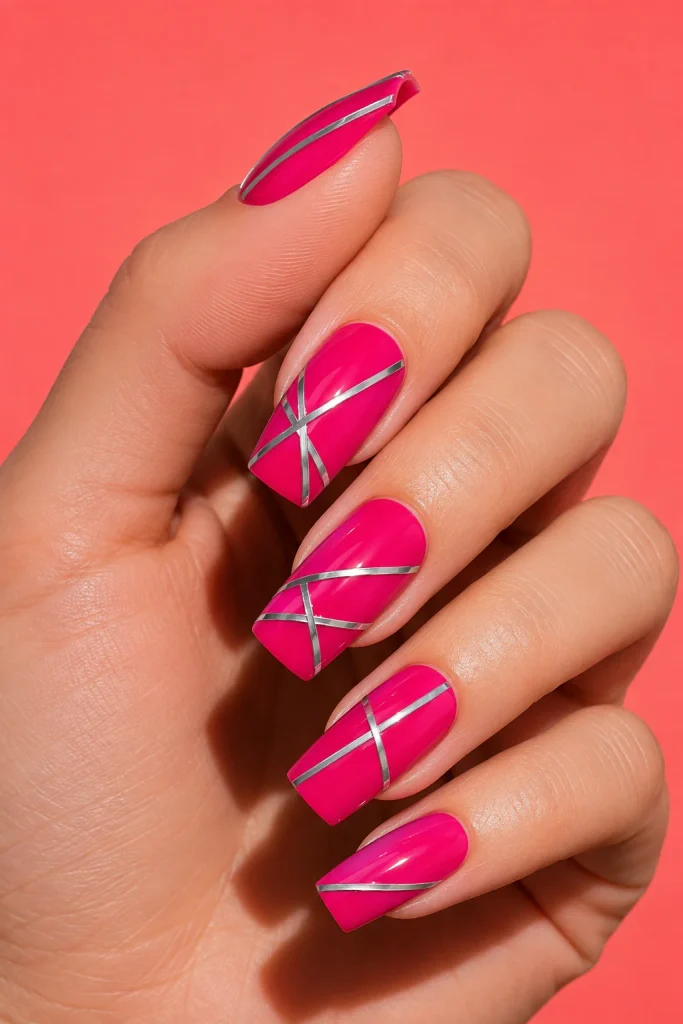Hot pink nails with modern silver line details