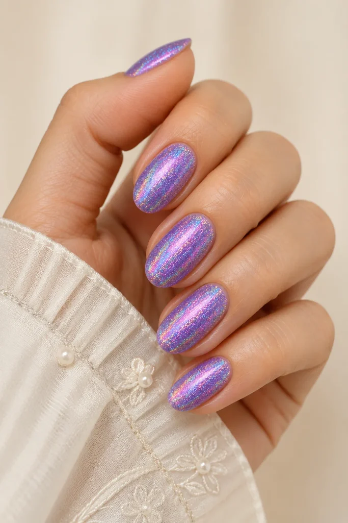 Iridescent purple glitter nails with holographic color shifts