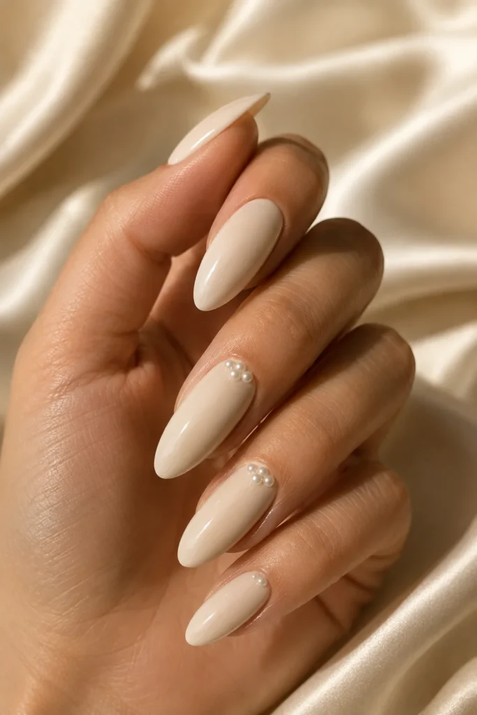 Ivory almond nails with elegant micro pearl details