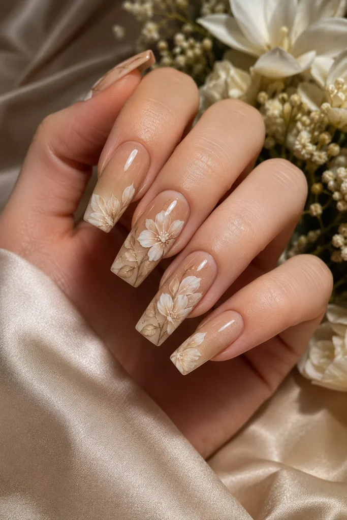 Ivory magnolias on long square beige fall nails