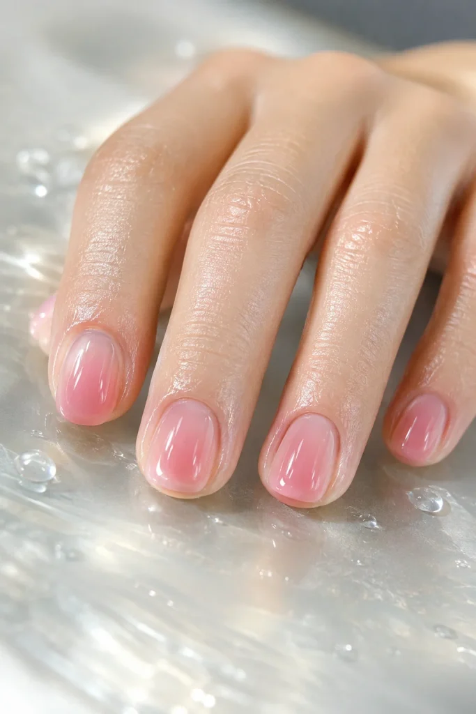 Sheer jelly pink ombre short squoval nails